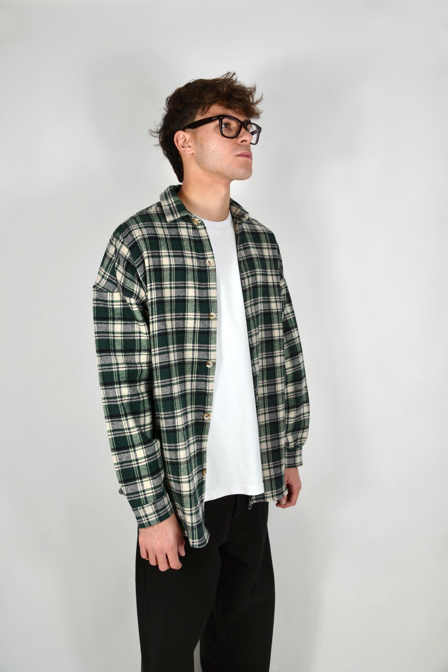 Camicia A Quadri Oversize Verde/Panna