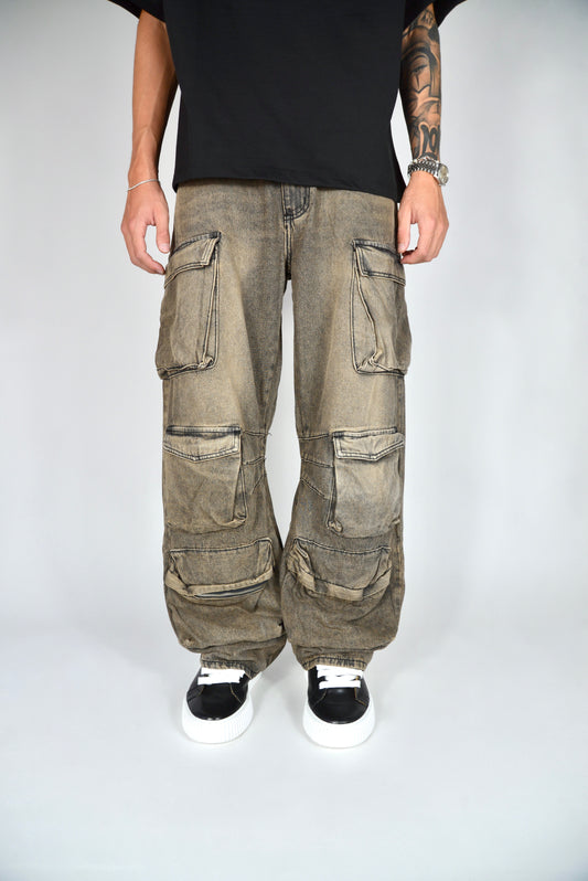 Jeans Cargo Multipocket Baggy Fit Sabbiato