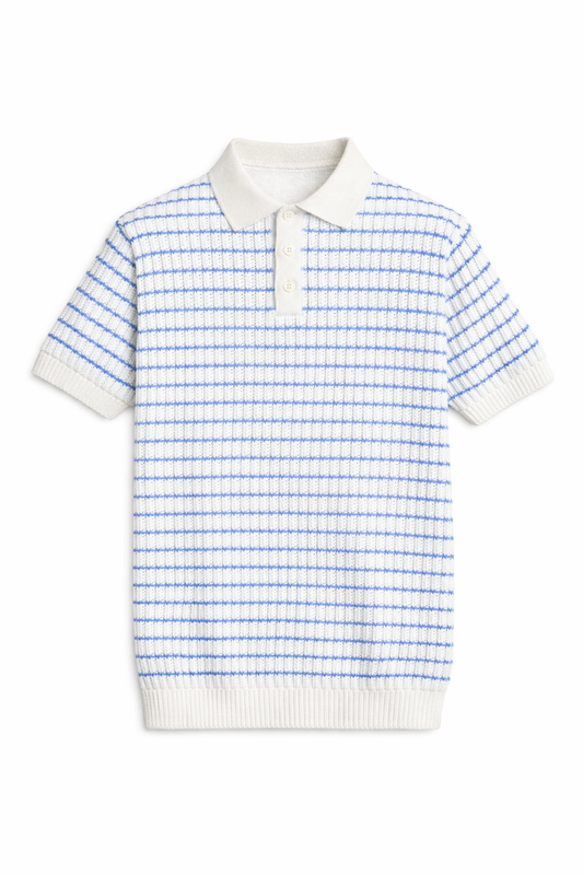 Polo In Filo Intrecciato Bianca/Celeste