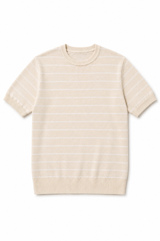 T-Shirt In Filo A Righe Beige