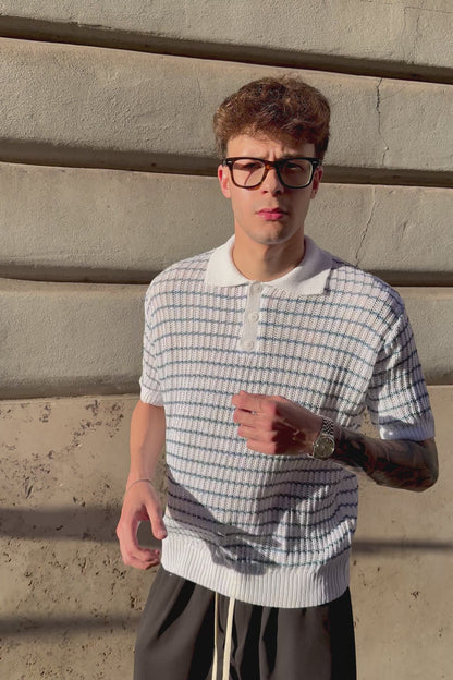 Polo In Filo Intrecciato Bianca/Celeste